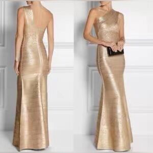 Herve Leger Gold One-Shoulder Dress